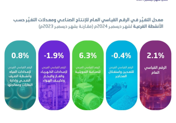 "الإحصاء": ارتفاع الرقم القياسي للإنتاج الصناعي بنسبة 2.1 % خلال شهر ديسمبر 2024